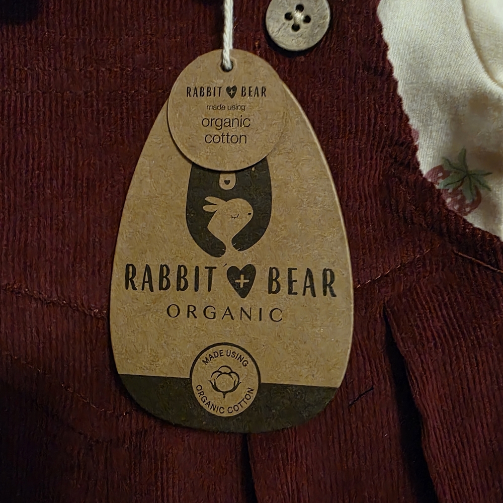 Rabbit + Bear Organic Baby 3-Piece Outfit Set Corduroy Overalls Strawberry Shirt - Picture 4 of 5